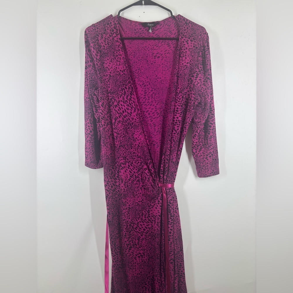 Vintage Express‎ Leopard Print Bright Magenta Pink Purple Wrap Dress L